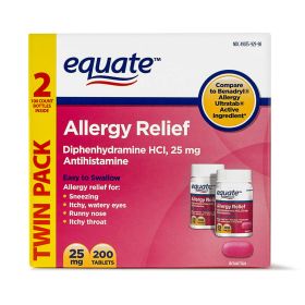 Equate Allergy Relief Diphenhydramine Tablets 25mg;  100 Count;  Twin Pack