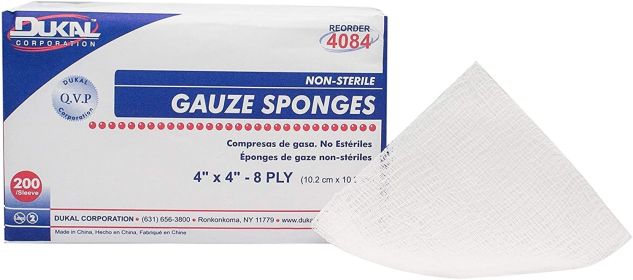 Dukal Woven Gauze Pads 4" x 4". Pack of 200 Ð¡otton Sponges 8-ply. Non-Sterile; 100% Cotton Gauze Dressing Pads for Wound Dressing; Cleaning; Prepping
