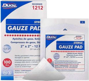 Dukal Woven Gauze Pads 2" x 2". Pack of 100 12-ply Disposable Cotton sponges for Wound Dressing; Cleaning; prepping; or Packing. Sterile; 100% Cotton.