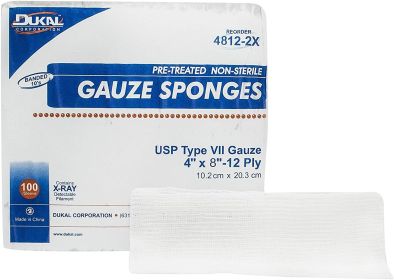 Dukal Type VII Gauze Sponges 4" x 8". Pack of 100 X-Ray Detectable Gauze Dressings 12-ply. Non-Sterile; 100% Cotton Pads for Wound Cleaning; Prepping;