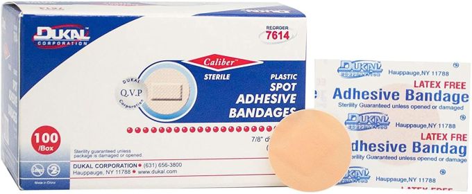 Dukal Sheer Bandages. Pack of 100 Adhesive Spots 7/8" for Wound Protection. Sterile Bandages with Non-Adherent pad. Single use. Micro Perforations. Ea