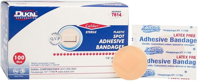 Dukal Sheer Bandages. Pack of 100 Adhesive Spots 7/8" for Wound Protection. Sterile Bandages with Non-Adherent pad. Single use. Micro Perforations. Ea