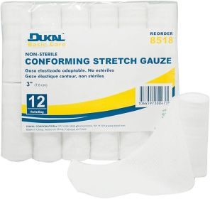 Dukal Conforming Stretch Gauze 3". Pack of 12 Bandages Rolls. Light Conforming Bandages. Rayon/Poly Knitted Stretch Gauze. Non-Sterile Wrap Gauze Band